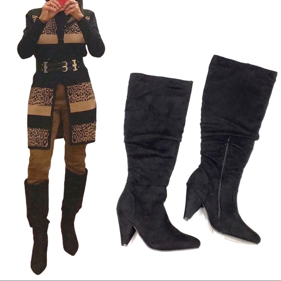 Faux Suede Slouchy Knee High Cone Heel Boots - Picture 10 of 10